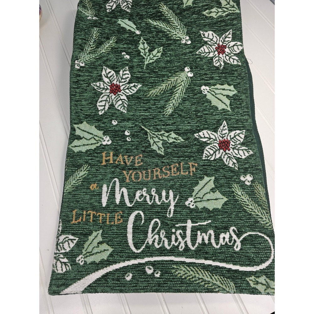 Unbranded Table Runner Merry Little Christmas Green Poinsettia Holiday 70in